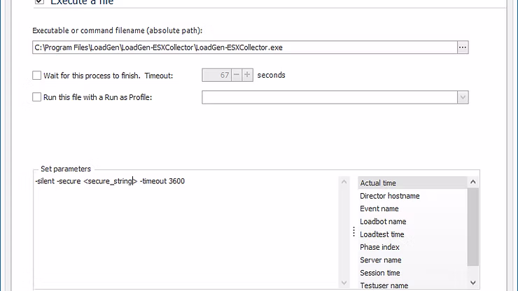 LoadGen Studio configuration for the LoadGen-ESXCollector task with encrypted credentials